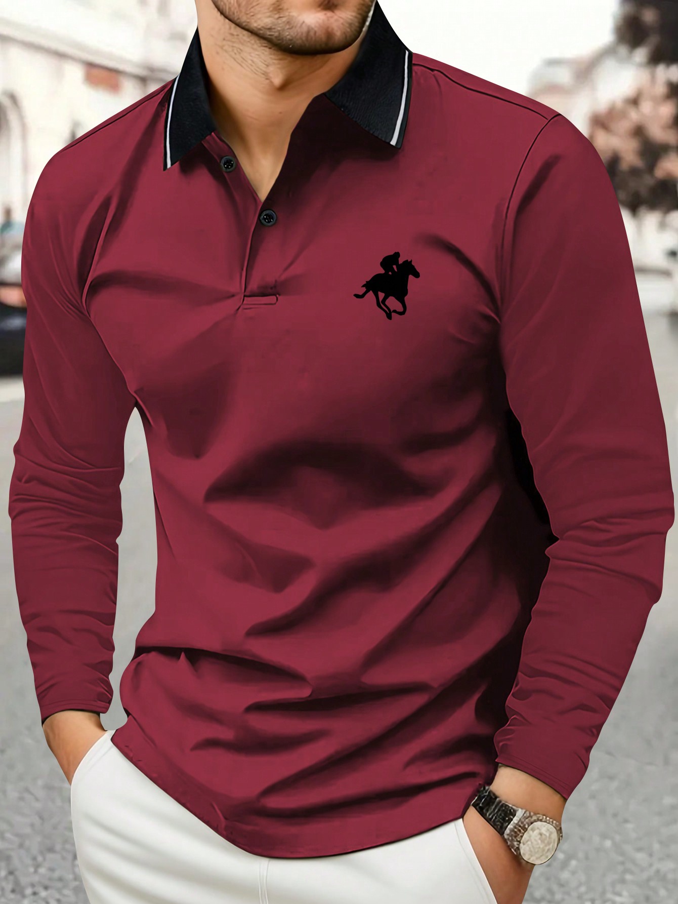 Men's Burgundy Long Sleeve Pol - Polo Shirt Equestrian บทวิจารณ์และราคา